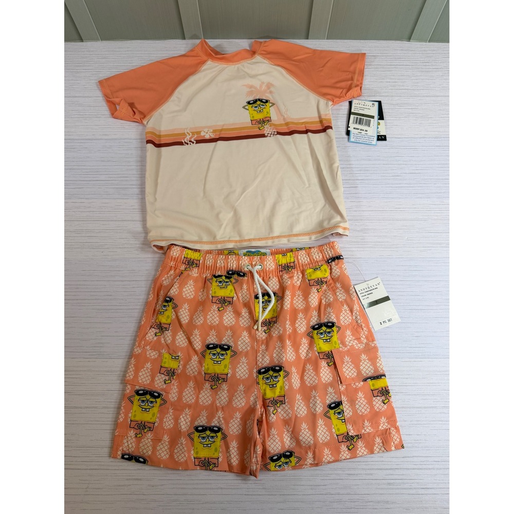 Andy & Evan SpongeBob SquarePants Boys Orange Rash Guard Swim Trunks Set 7 NEW